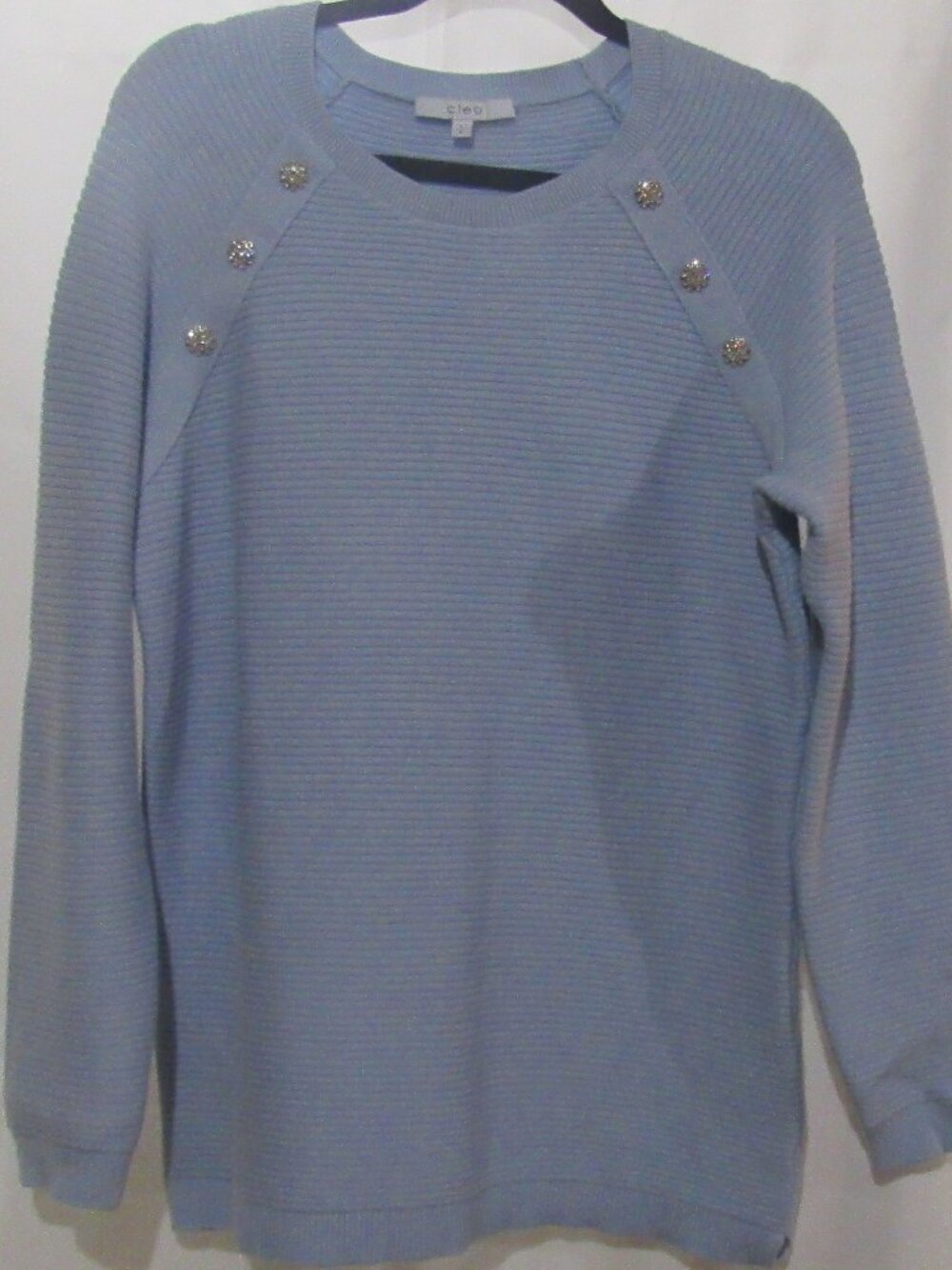 Cleo Ladies Sweater, Soft Blue, Ribbed, Sparkly Button Design, Size L X1115